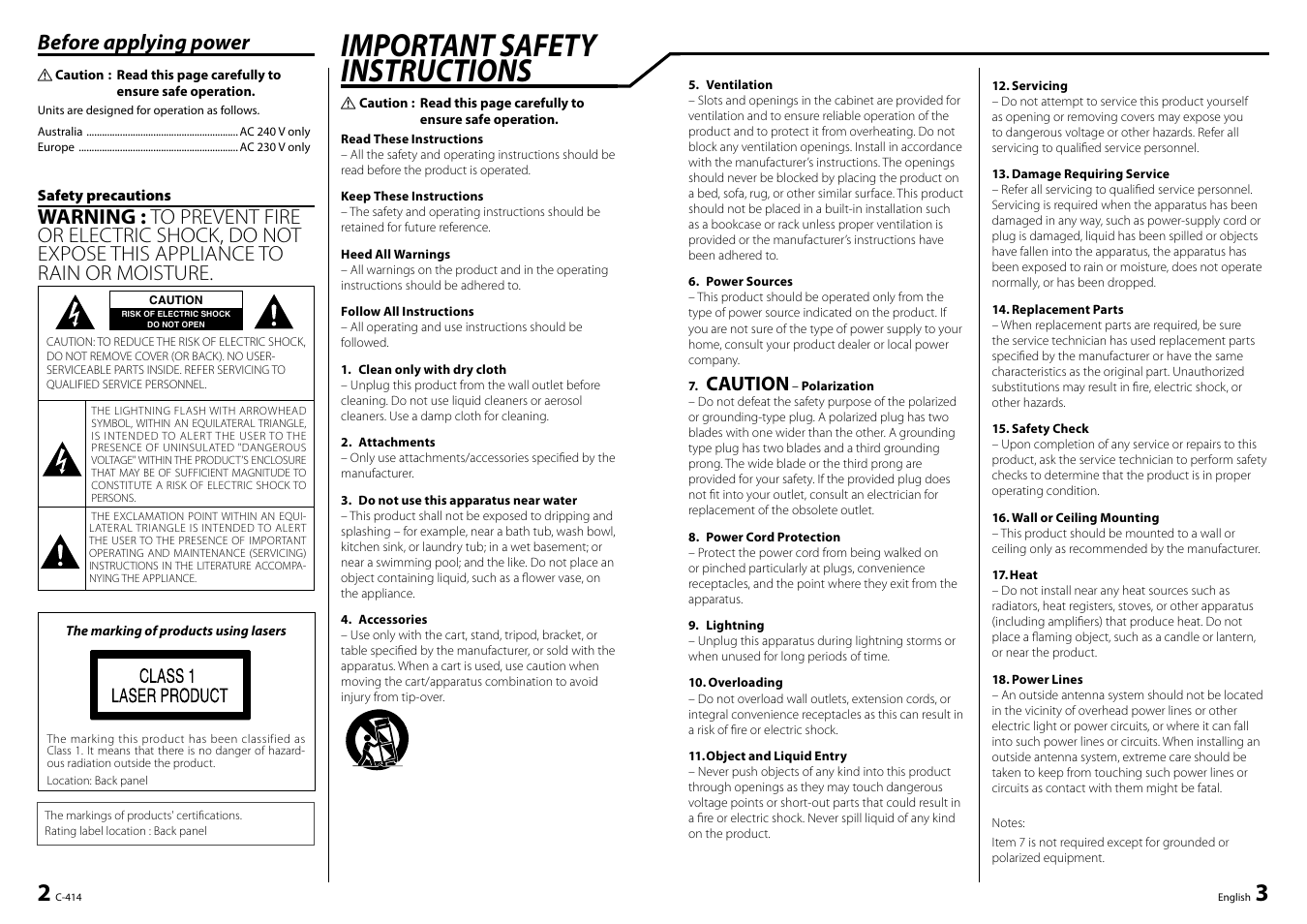 Important safety instructions, Before applying power, Caution | Kenwood C-414-W User Manual | Page 2 / 13