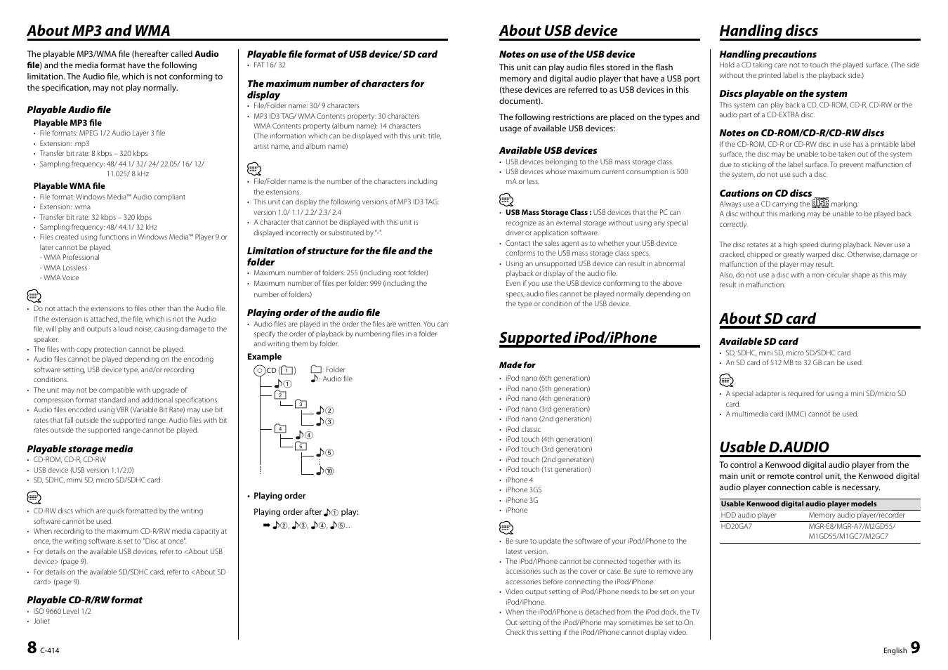 About usb device, Supported ipod/iphone, Handling discs | About sd card, Usable d.audio, About mp3 and wma | Kenwood C-414-W User Manual | Page 5 / 13