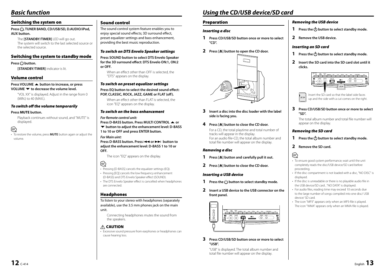 Using the cd/usb device/sd card, Basic function | Kenwood C-414-W User Manual | Page 7 / 13