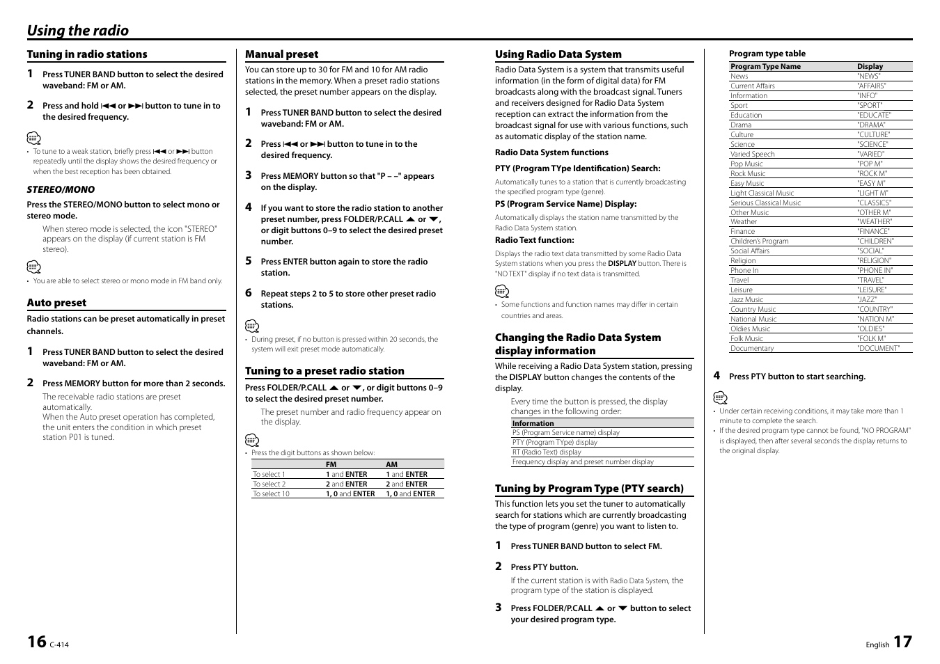 Using the radio | Kenwood C-414-W User Manual | Page 9 / 13