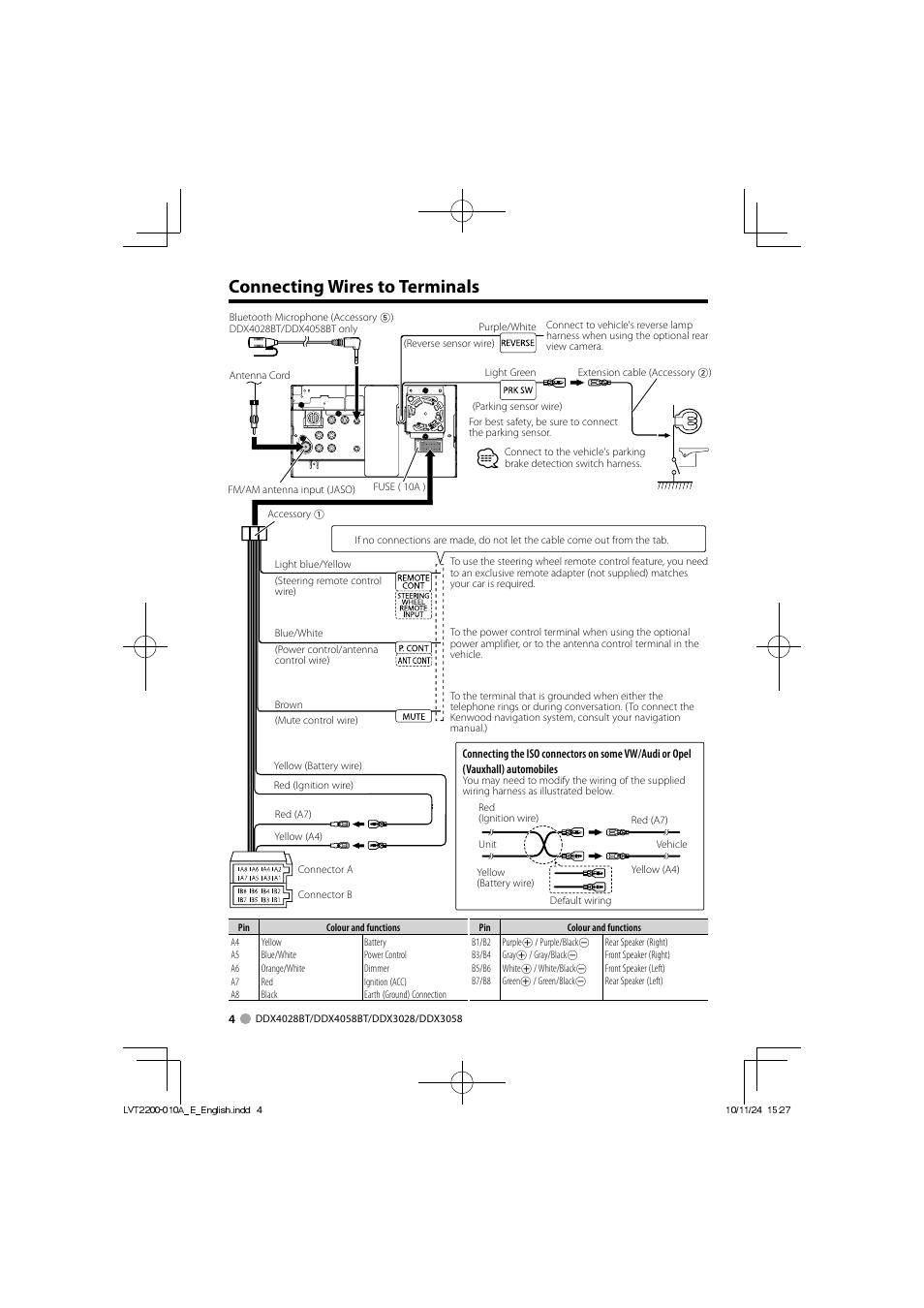 Connecting wires to terminals | Kenwood DDX4028BT User Manual | Page 4 / 8