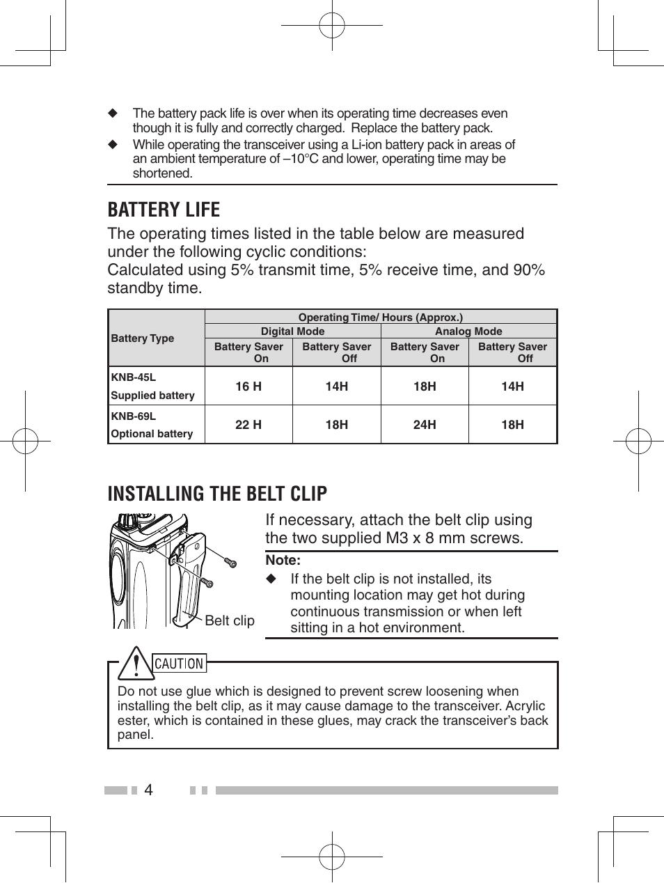 Battery life, Installing the belt clip | Kenwood TK-3401DE User Manual | Page 12 / 36