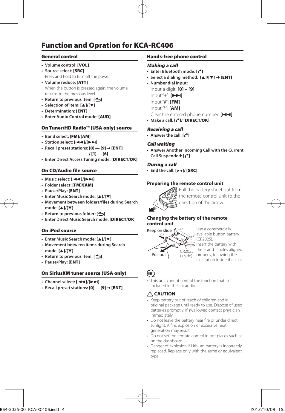 Function and opration for kca-rc406 | Kenwood KCA-RC406 User Manual | Page 2 / 3