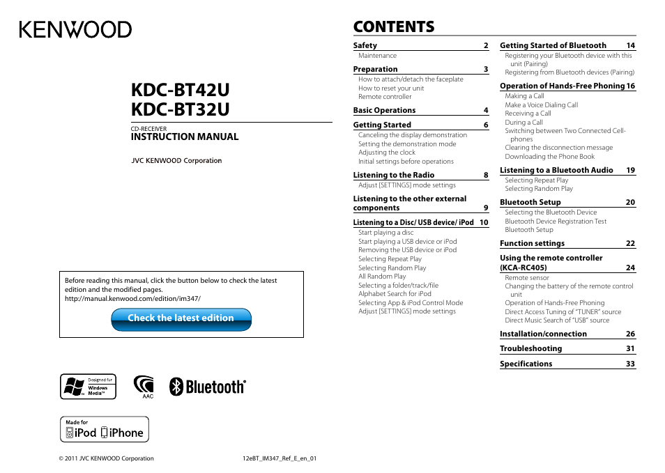 Kenwood KDC-BT32U User Manual | 18 pages