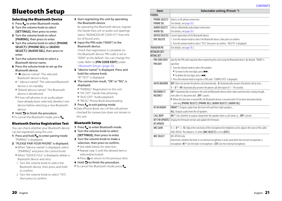 Bluetooth setup, Selecting the bluetooth device, Bluetooth device registration test | Kenwood KDC-BT32U User Manual | Page 11 / 18