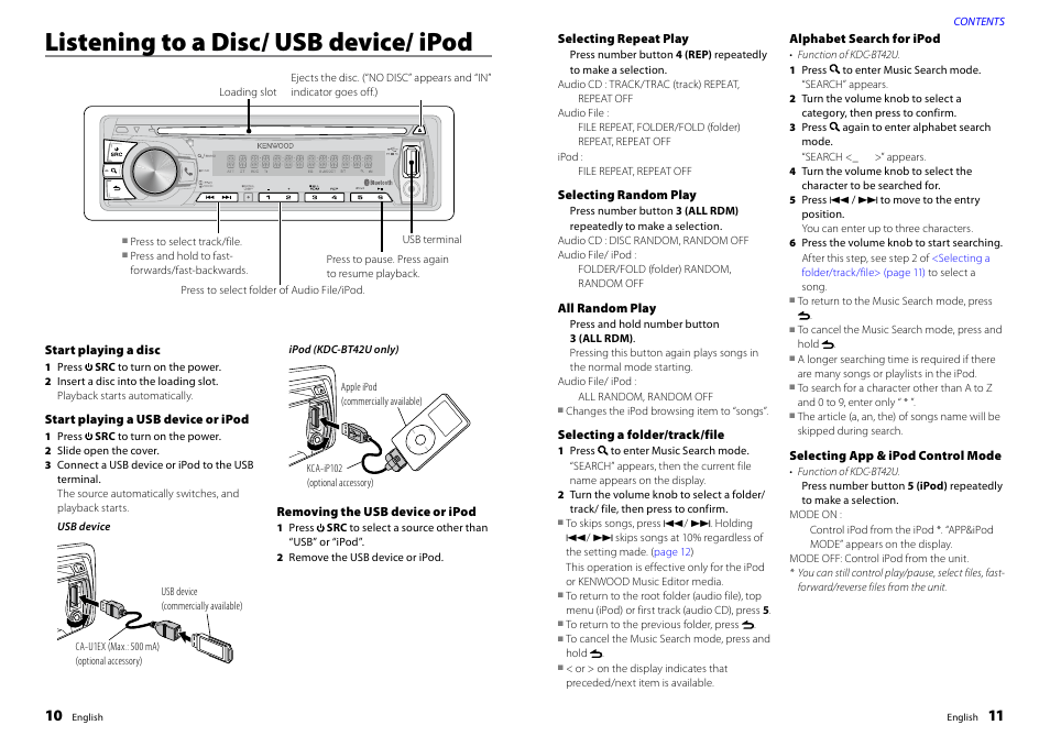 Listening to a disc/ usb device/ ipod, Start playing a disc, Start playing a usb device or ipod | Removing the usb device or ipod, Selecting repeat play, Selecting random play, All random play, Selecting a folder/track/file, Alphabet search for ipod, Selecting app & ipod control mode | Kenwood KDC-BT32U User Manual | Page 6 / 18