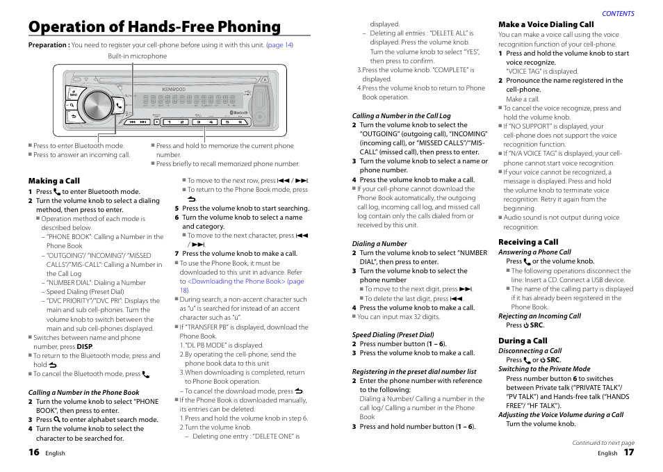 Operation of hands-free phoning, Making a call, Make a voice dialing call | Receiving a call, During a call, Operation of hands-free phoning 16 | Kenwood KDC-BT32U User Manual | Page 9 / 18