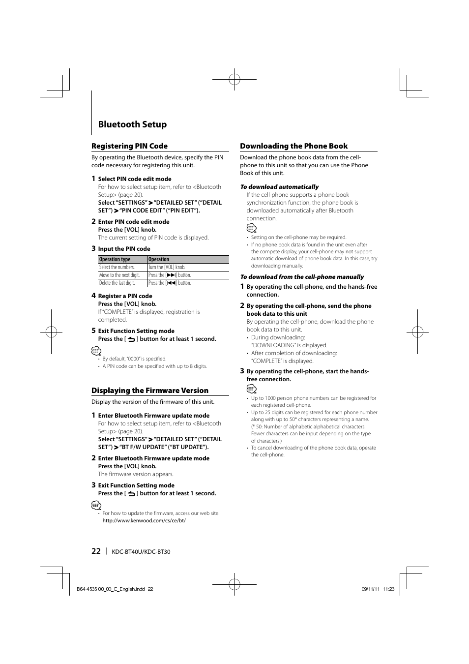 Bluetooth setup | Kenwood KDC-BT40U User Manual | Page 22 / 40