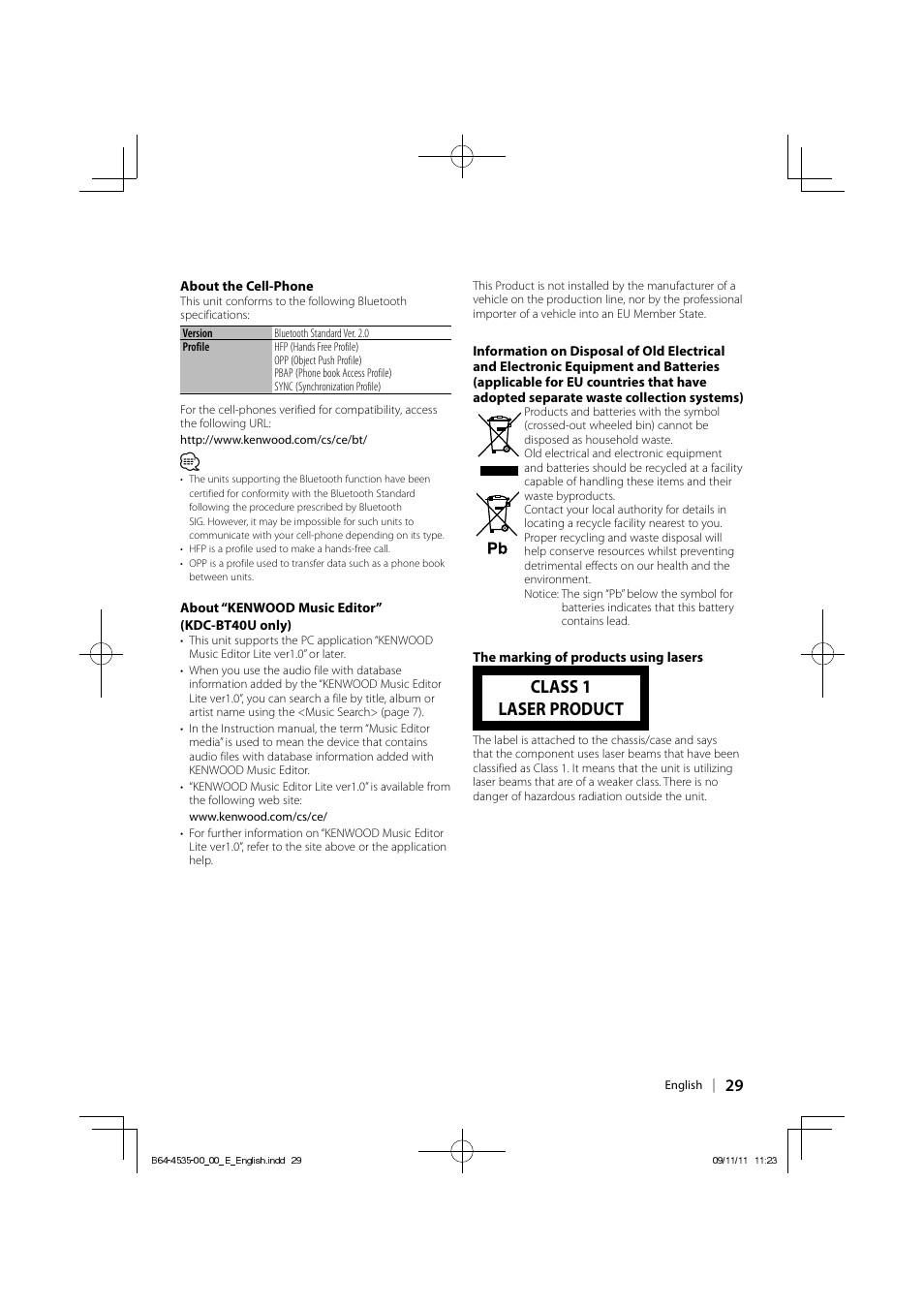 Class 1 laser product | Kenwood KDC-BT40U User Manual | Page 29 / 40