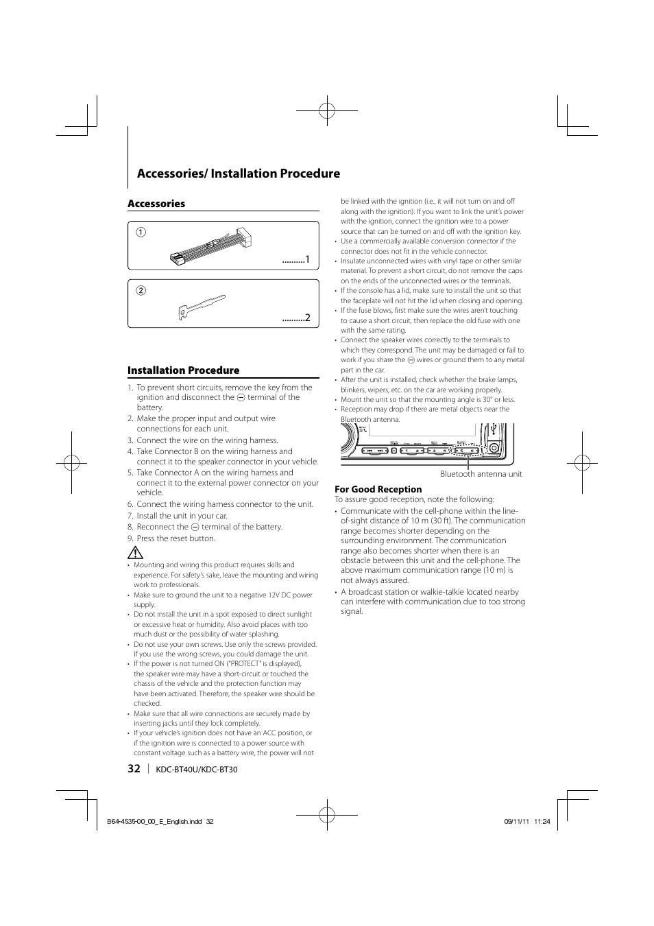 Accessories/ installation procedure, Accessories 1 2 installation procedure | Kenwood KDC-BT40U User Manual | Page 32 / 40