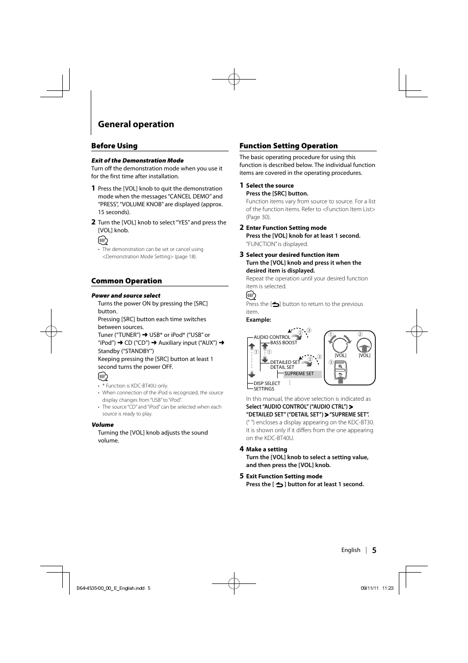 General operation, Function setting operation, Before using | Common operation | Kenwood KDC-BT40U User Manual | Page 5 / 40