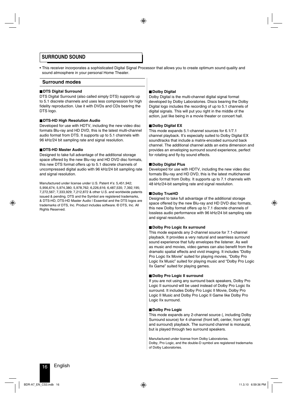 Surround sound, 16 english surround modes | Kenwood BDR-A7 User Manual | Page 16 / 64