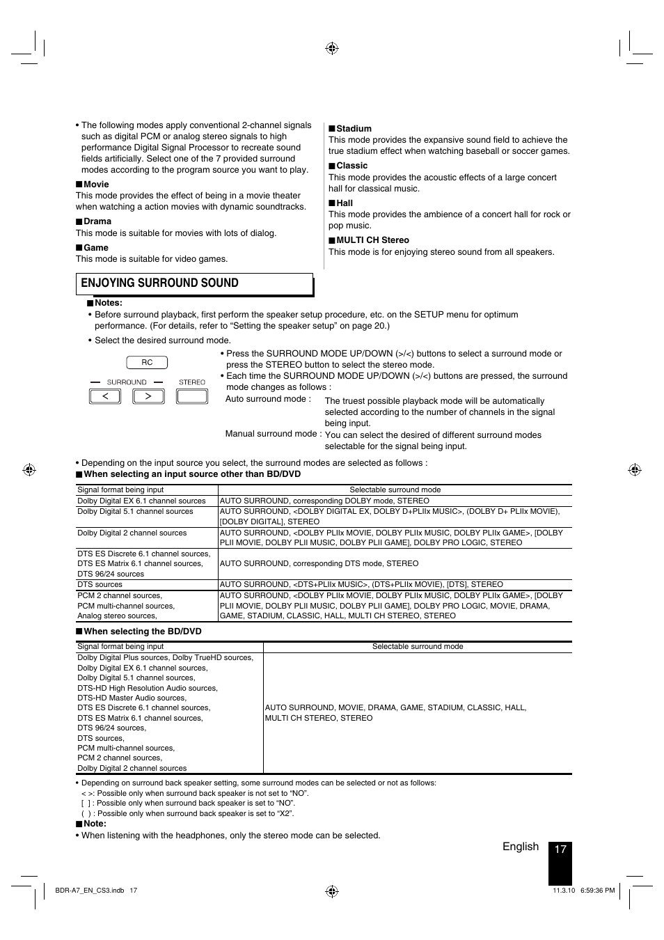 Enjoying surround sound, 17 english | Kenwood BDR-A7 User Manual | Page 17 / 64