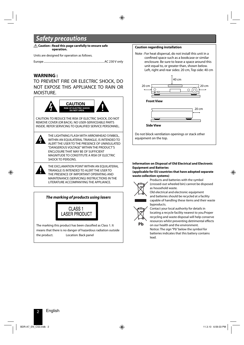 Safety precautions | Kenwood BDR-A7 User Manual | Page 2 / 64