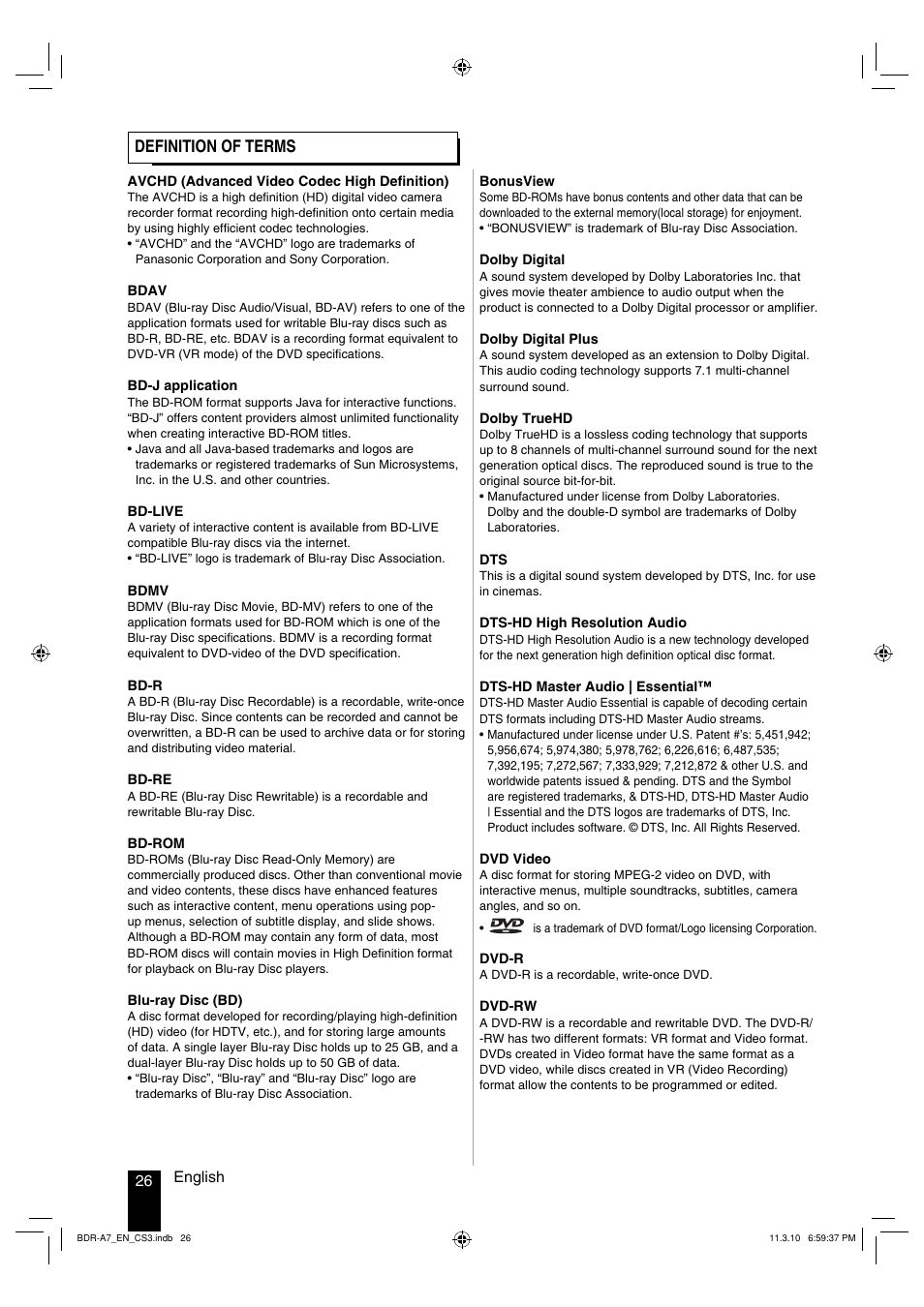 Definition of terms | Kenwood BDR-A7 User Manual | Page 26 / 64