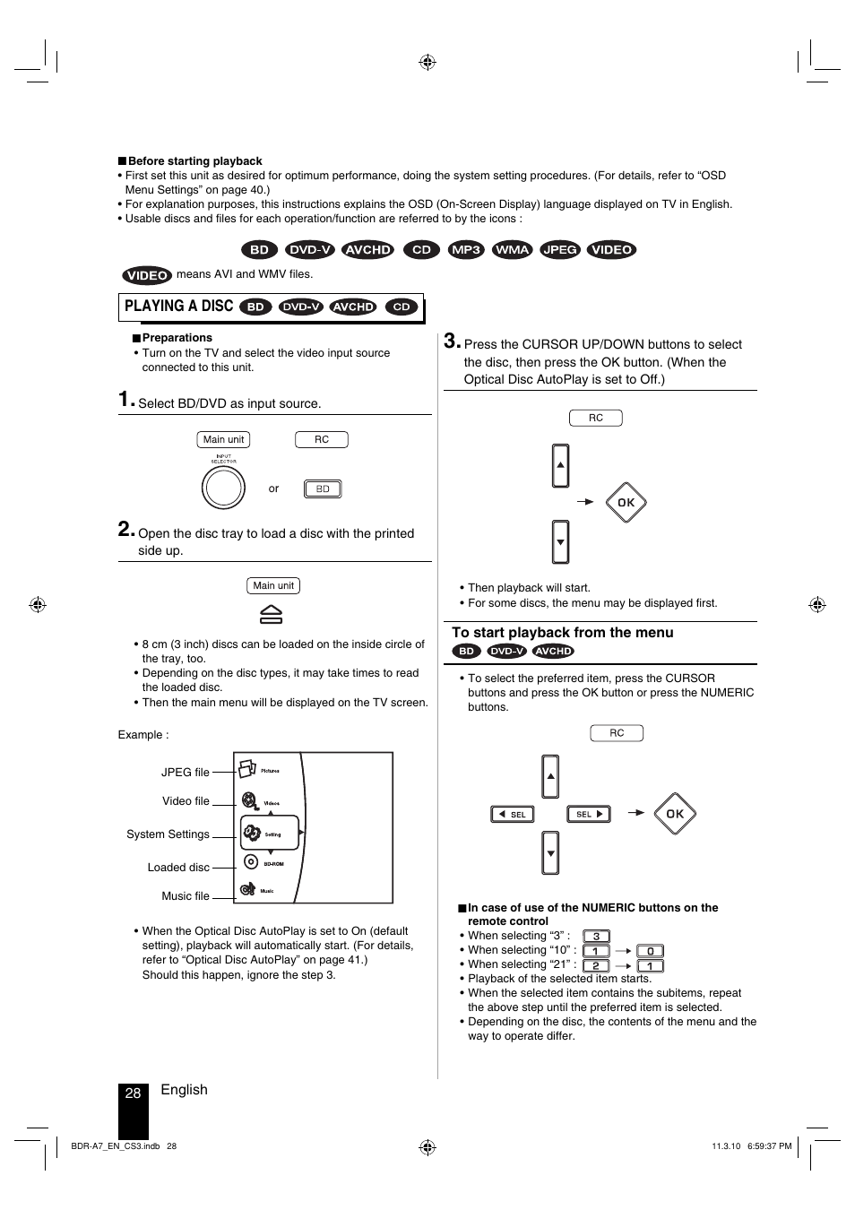 Playing a disc | Kenwood BDR-A7 User Manual | Page 28 / 64