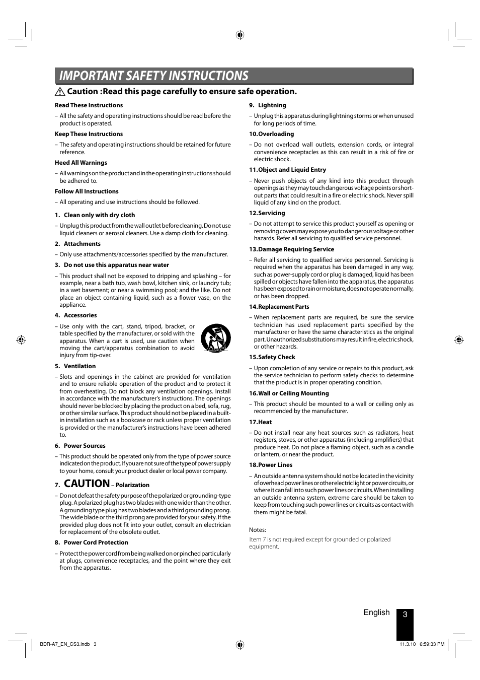 Important safety instructions, Caution, 3english | Kenwood BDR-A7 User Manual | Page 3 / 64