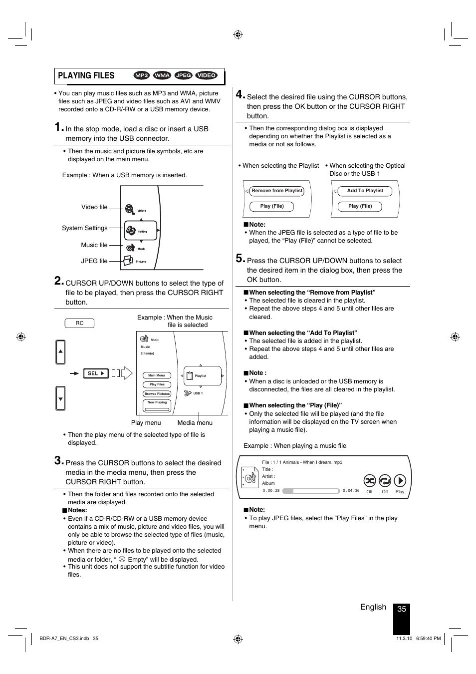 Playing files, 35 english | Kenwood BDR-A7 User Manual | Page 35 / 64