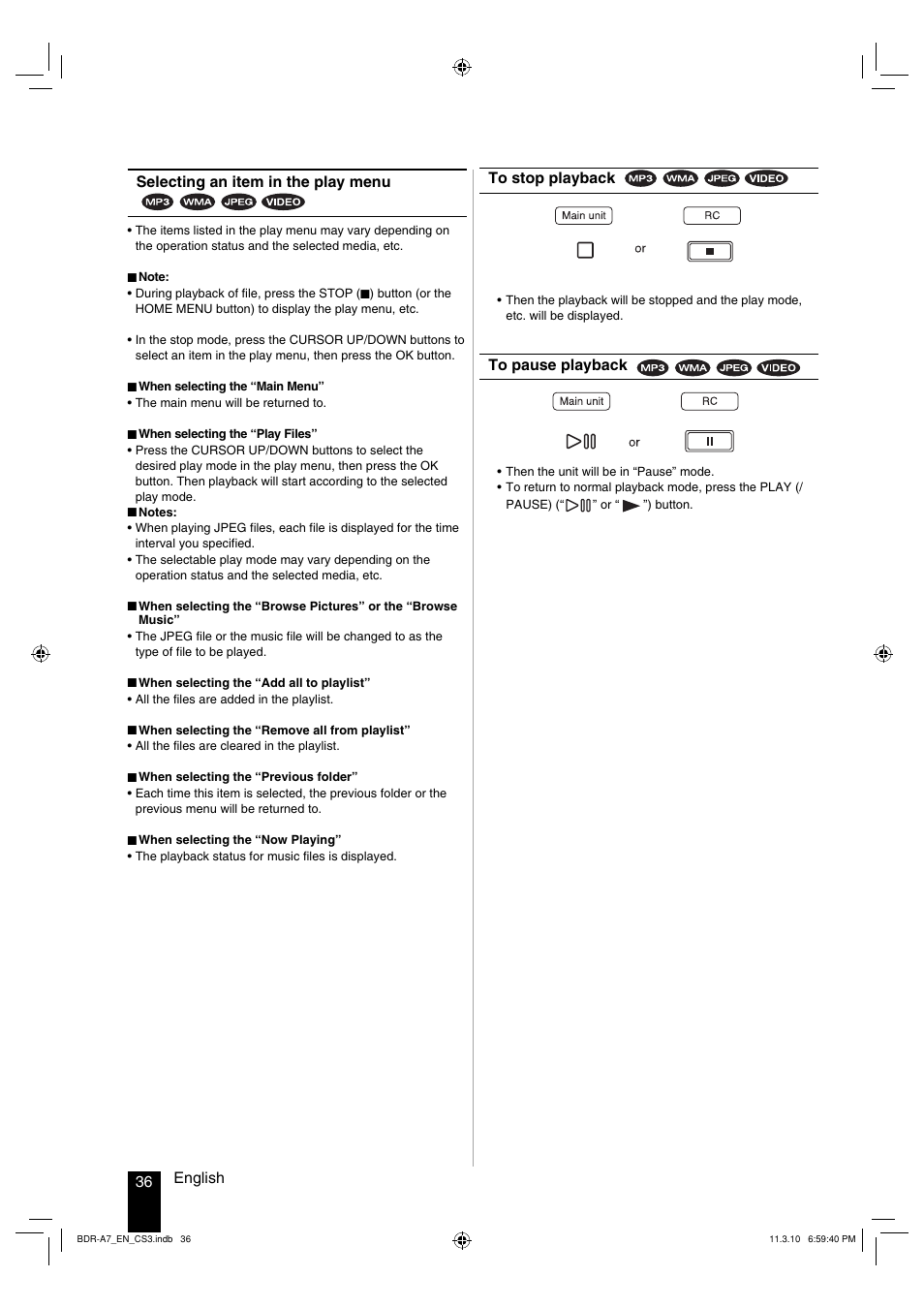 36 english to stop playback, Selecting an item in the play menu | Kenwood BDR-A7 User Manual | Page 36 / 64