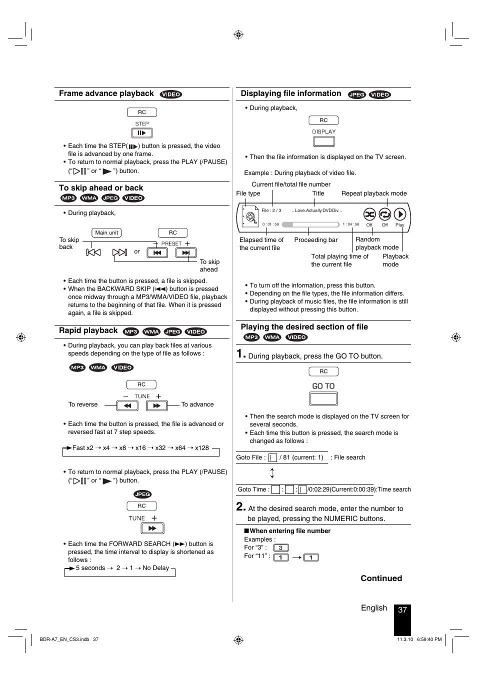 37 english, Frame advance playback, Rapid playback | Displaying file information, Continued | Kenwood BDR-A7 User Manual | Page 37 / 64