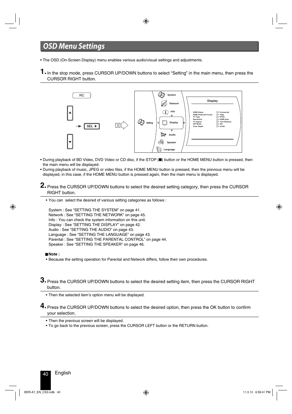 Osd menu settings | Kenwood BDR-A7 User Manual | Page 40 / 64