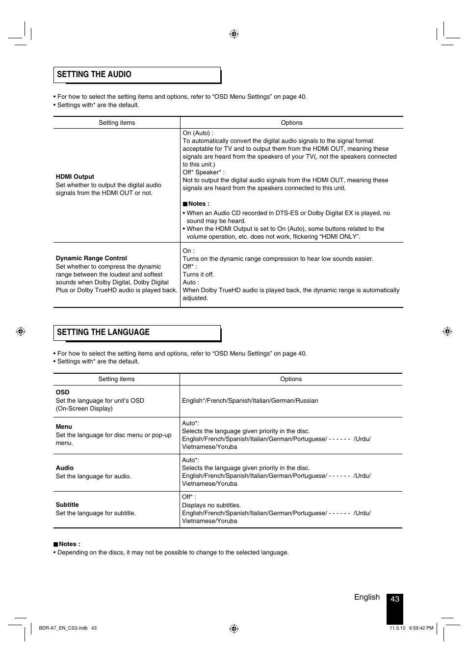 Setting the audio setting the language, 43 english | Kenwood BDR-A7 User Manual | Page 43 / 64