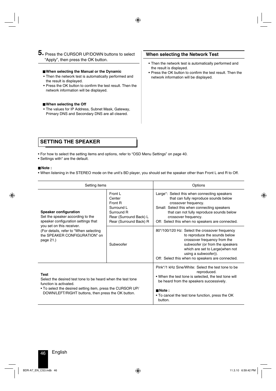 Setting the speaker, 46 english, When selecting the network test | Kenwood BDR-A7 User Manual | Page 46 / 64