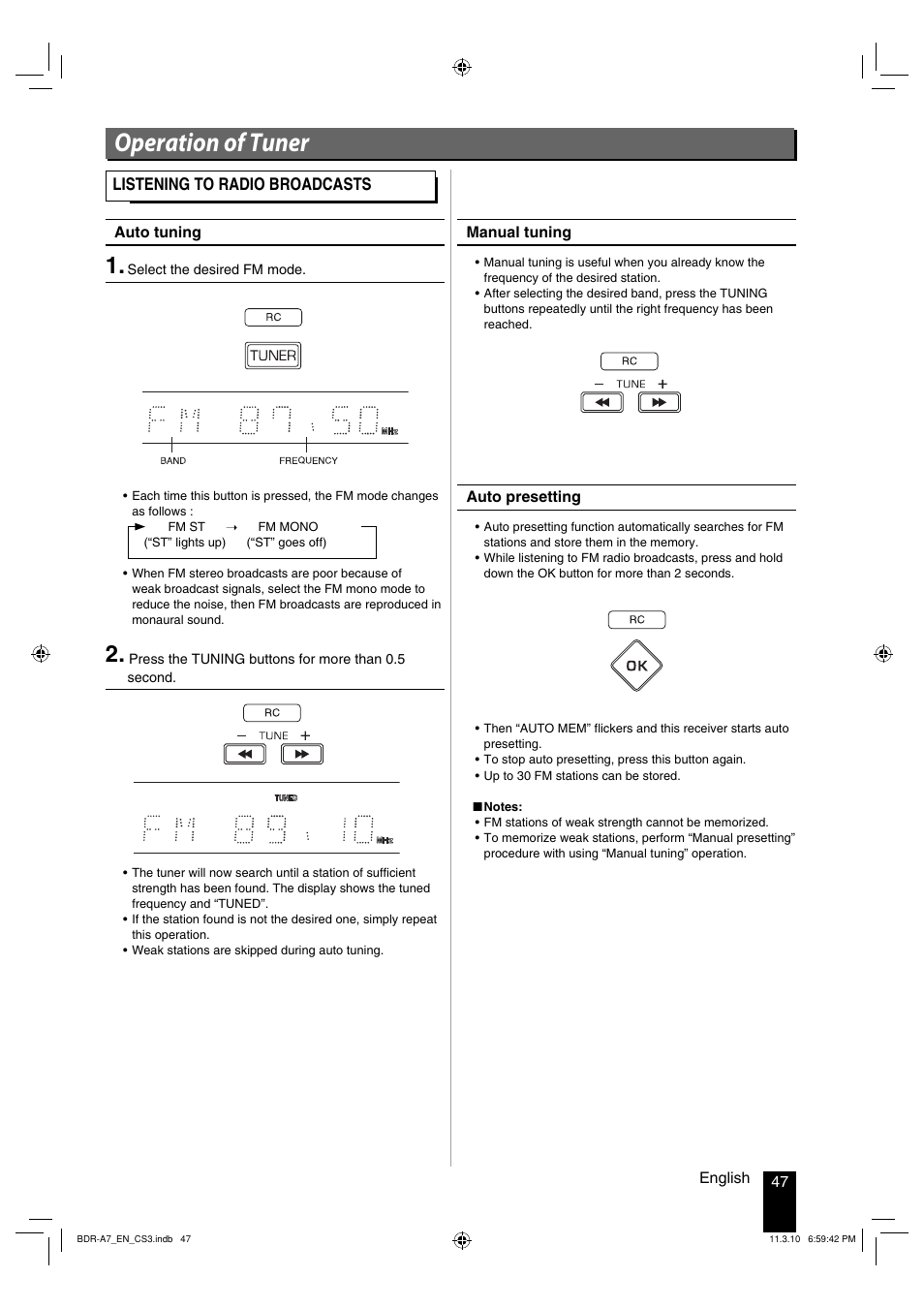 Operation of tuner, Listening to radio broadcasts | Kenwood BDR-A7 User Manual | Page 47 / 64