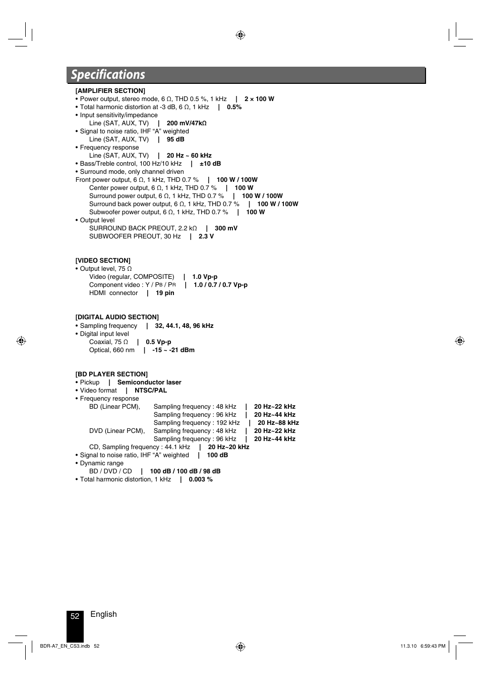 Specifications, 52 english | Kenwood BDR-A7 User Manual | Page 52 / 64