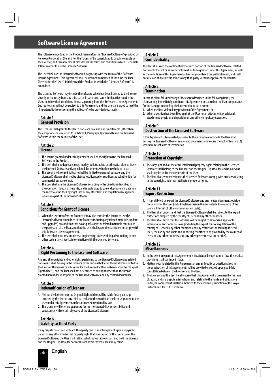 Software license agreement | Kenwood BDR-A7 User Manual | Page 58 / 64