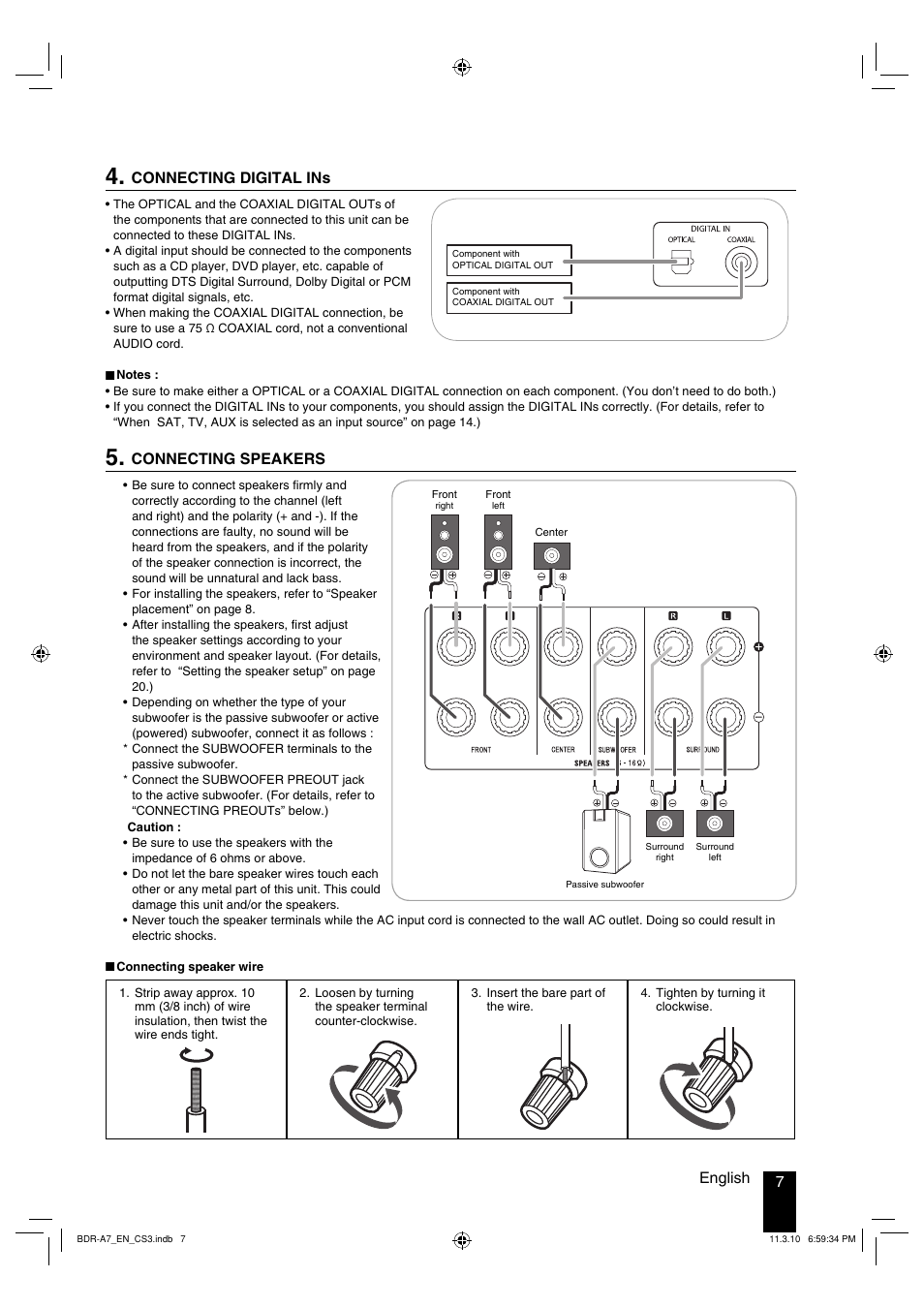 7english, Connecting digital ins, Connecting speakers | Kenwood BDR-A7 User Manual | Page 7 / 64