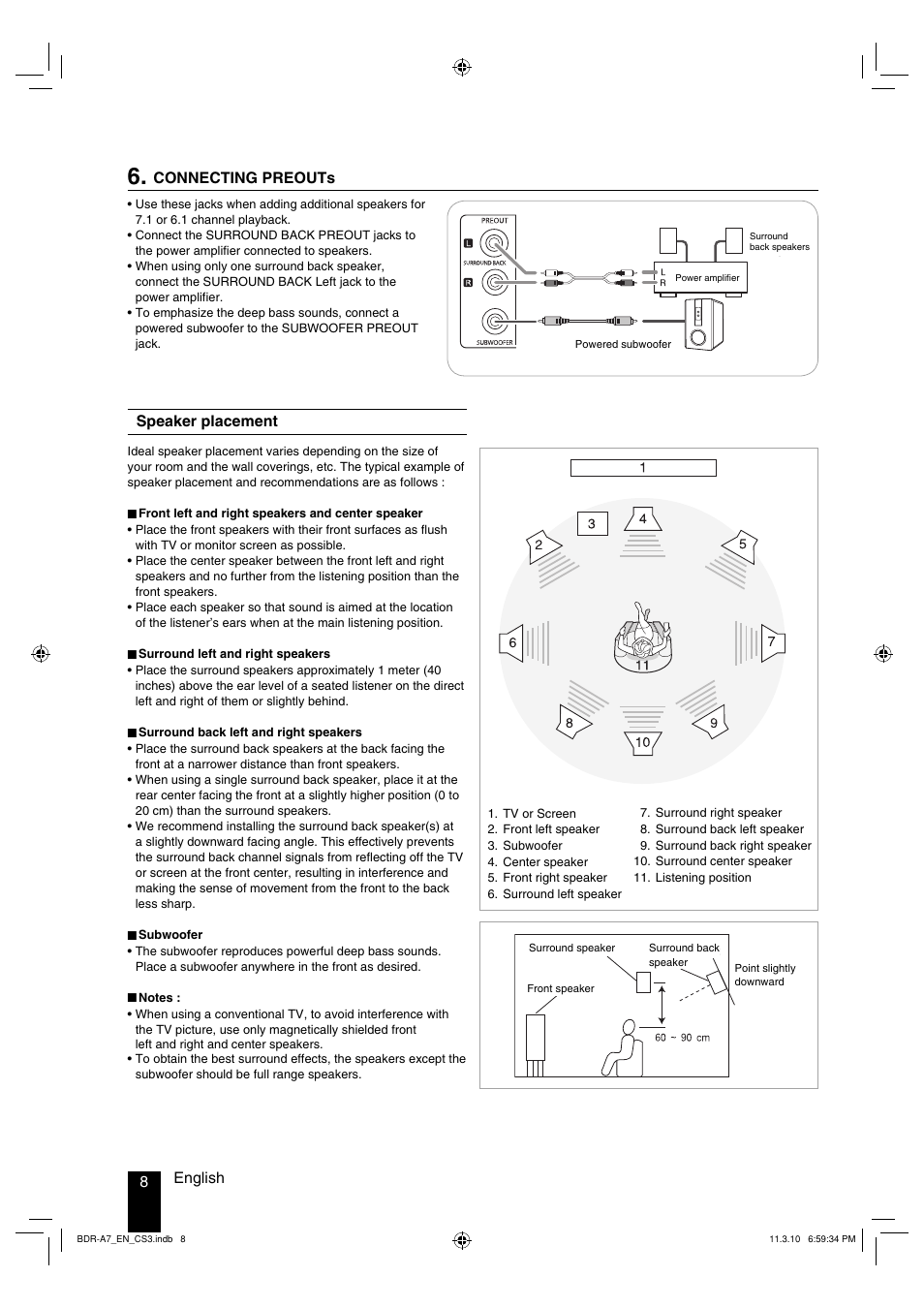 8english, Connecting preouts, Speaker placement | Kenwood BDR-A7 User Manual | Page 8 / 64