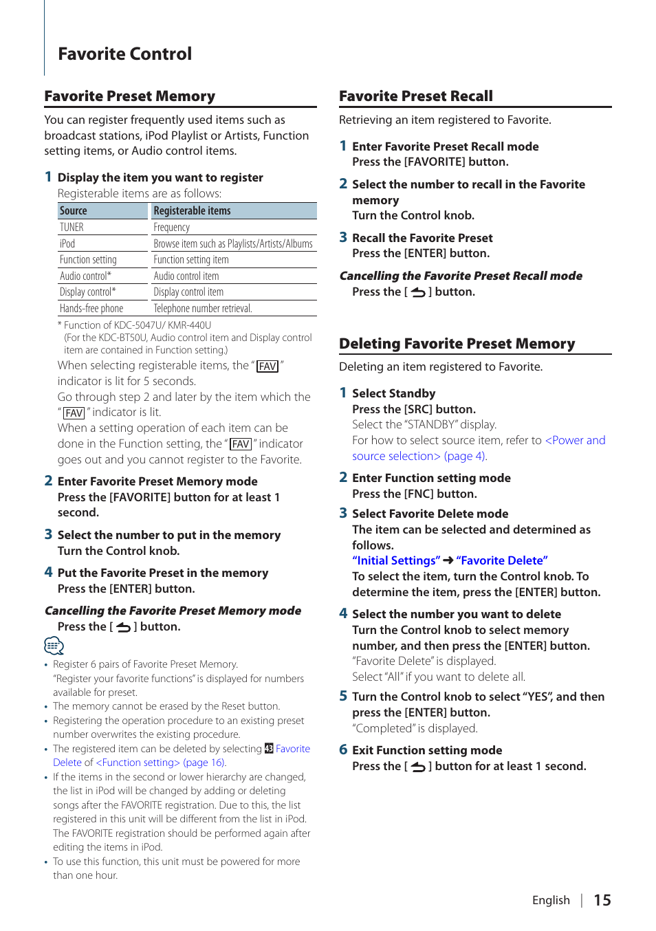 Favorite control, Favorite preset memory, Favorite preset recall | Deleting favorite preset memory | Kenwood KMR-440U User Manual | Page 15 / 41