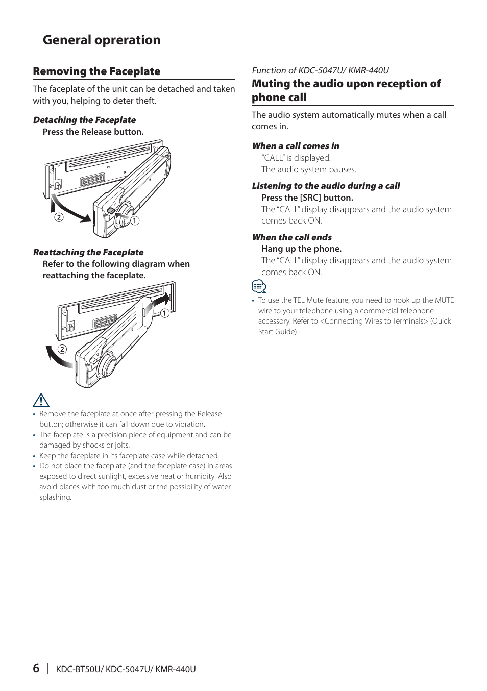 General opreration, Removing the faceplate, Muting the audio upon reception of phone call | Kenwood KMR-440U User Manual | Page 6 / 41