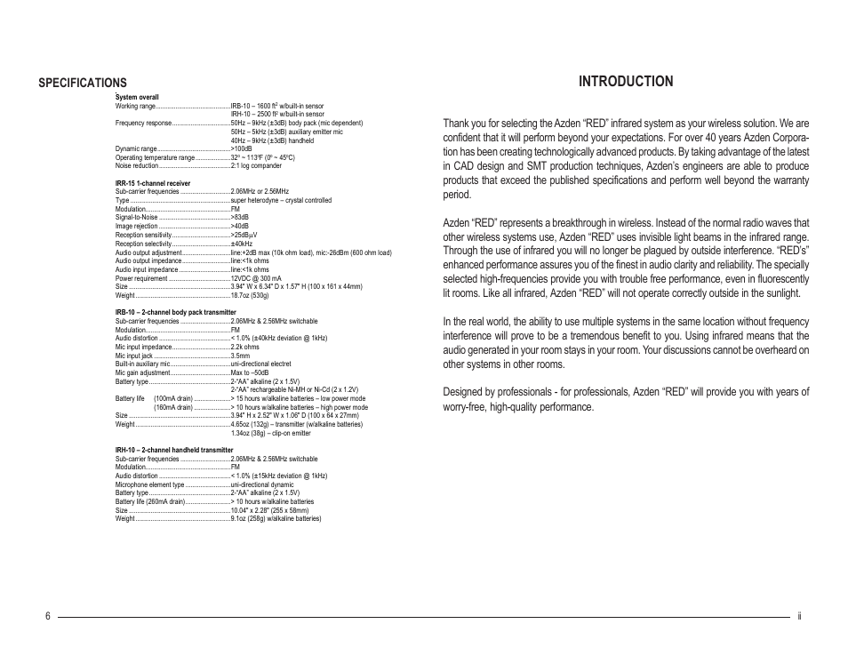Introduction, Specifications | Azden IRB-10 User Manual | Page 3 / 6