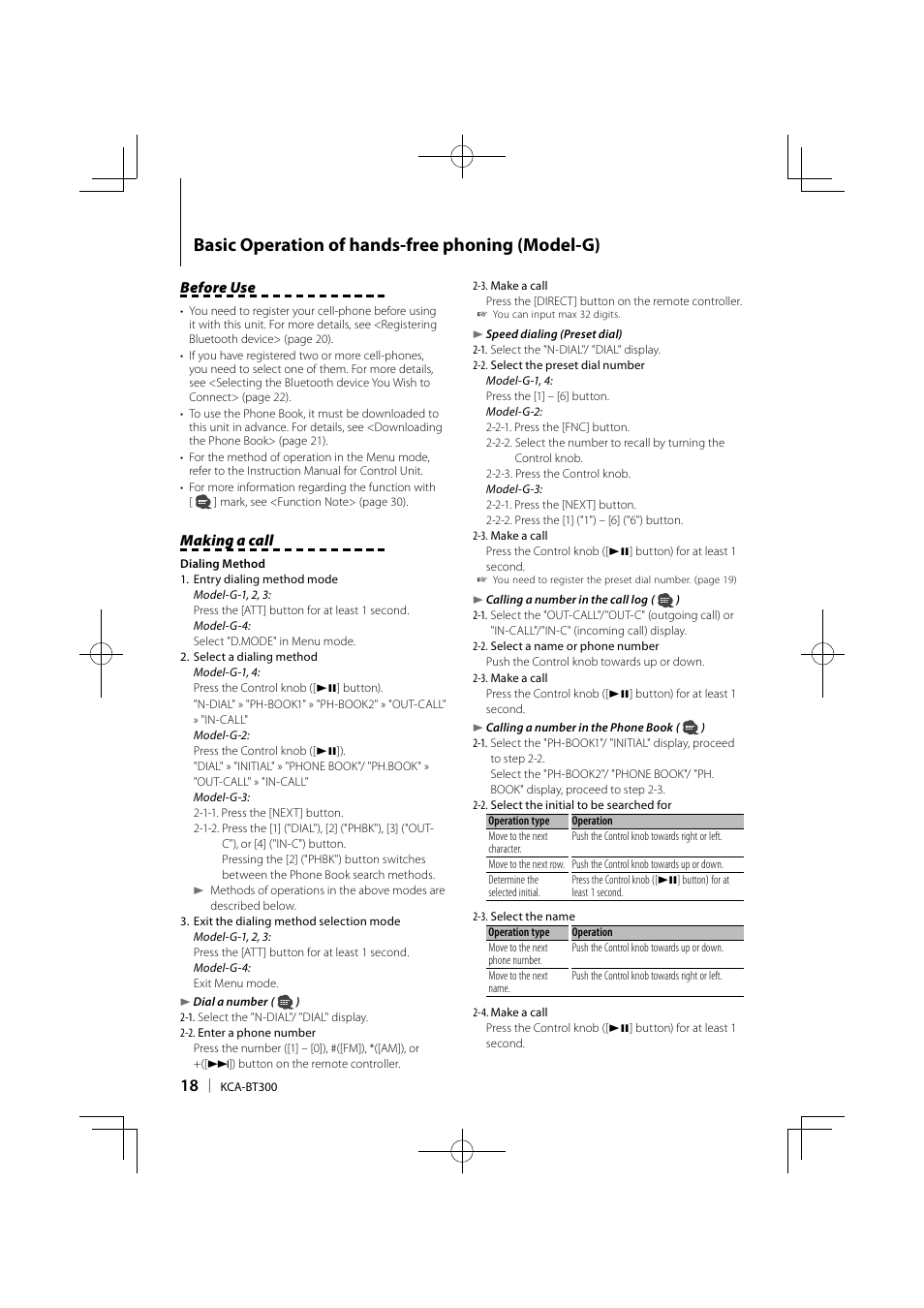 Basic operation of hands-free phoning (model-g), Before use, Making a call | Kenwood KCA-BT300 User Manual | Page 18 / 35