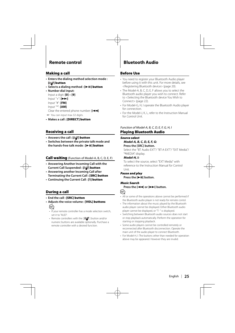 Remote control, Bluetooth audio | Kenwood KCA-BT300 User Manual | Page 25 / 35