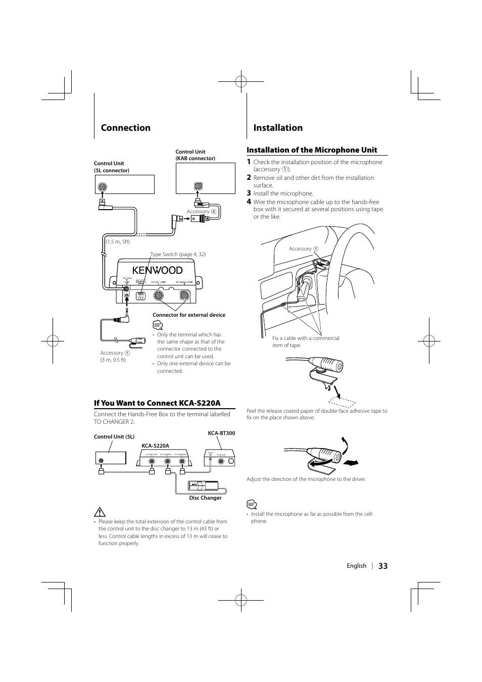 Connection, Installation, If you want to connect kca-s220a | Installation of the microphone unit 1 | Kenwood KCA-BT300 User Manual | Page 33 / 35