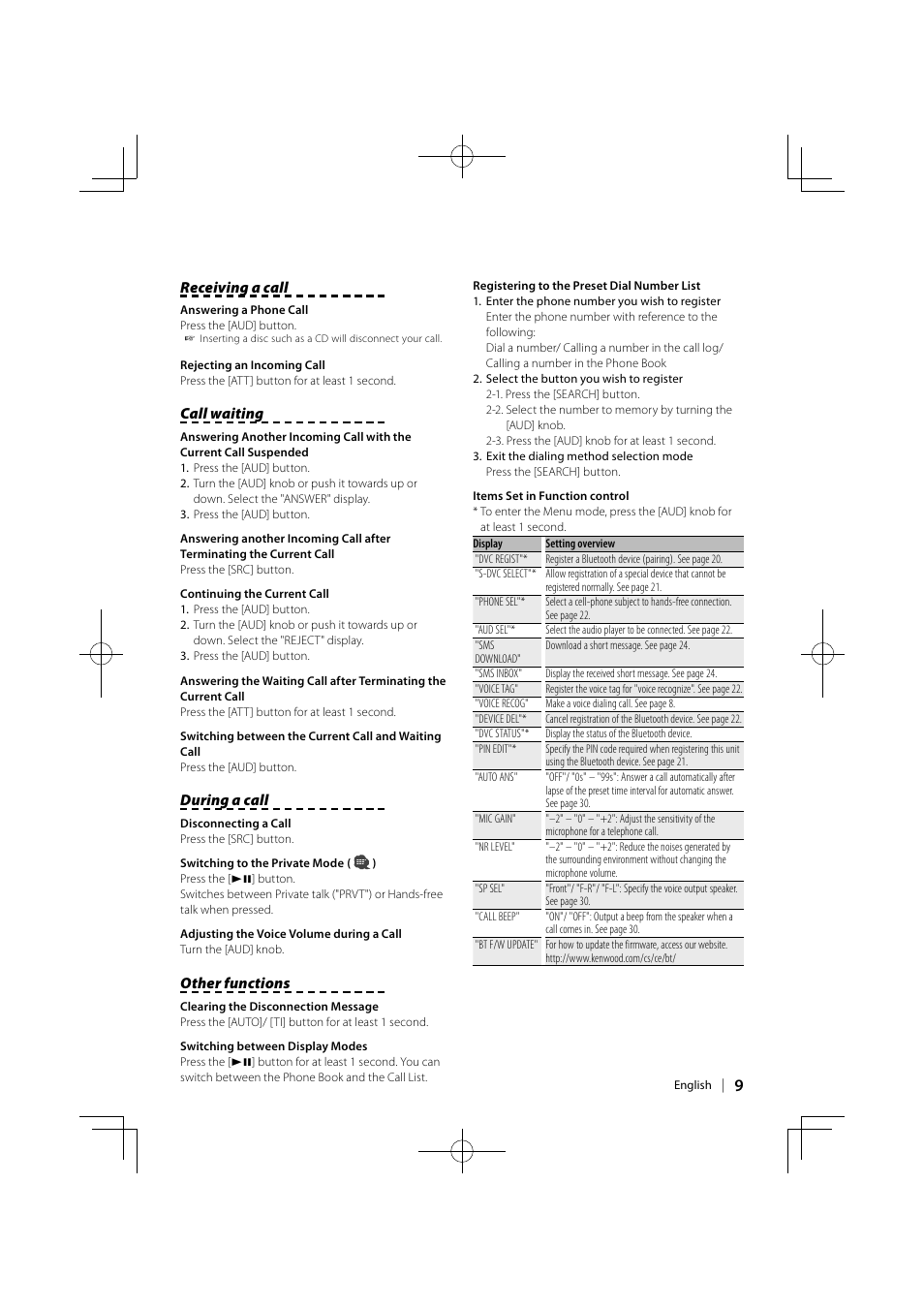 Receiving a call, Call waiting, During a call | Other functions | Kenwood KCA-BT300 User Manual | Page 9 / 35