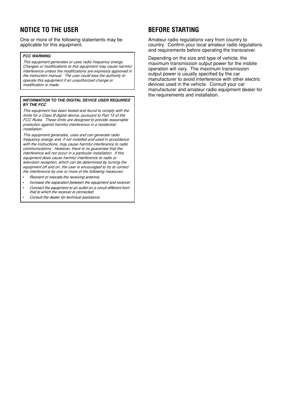 Notice to the user, Before starting | Kenwood TS-480SAT User Manual | Page 2 / 104