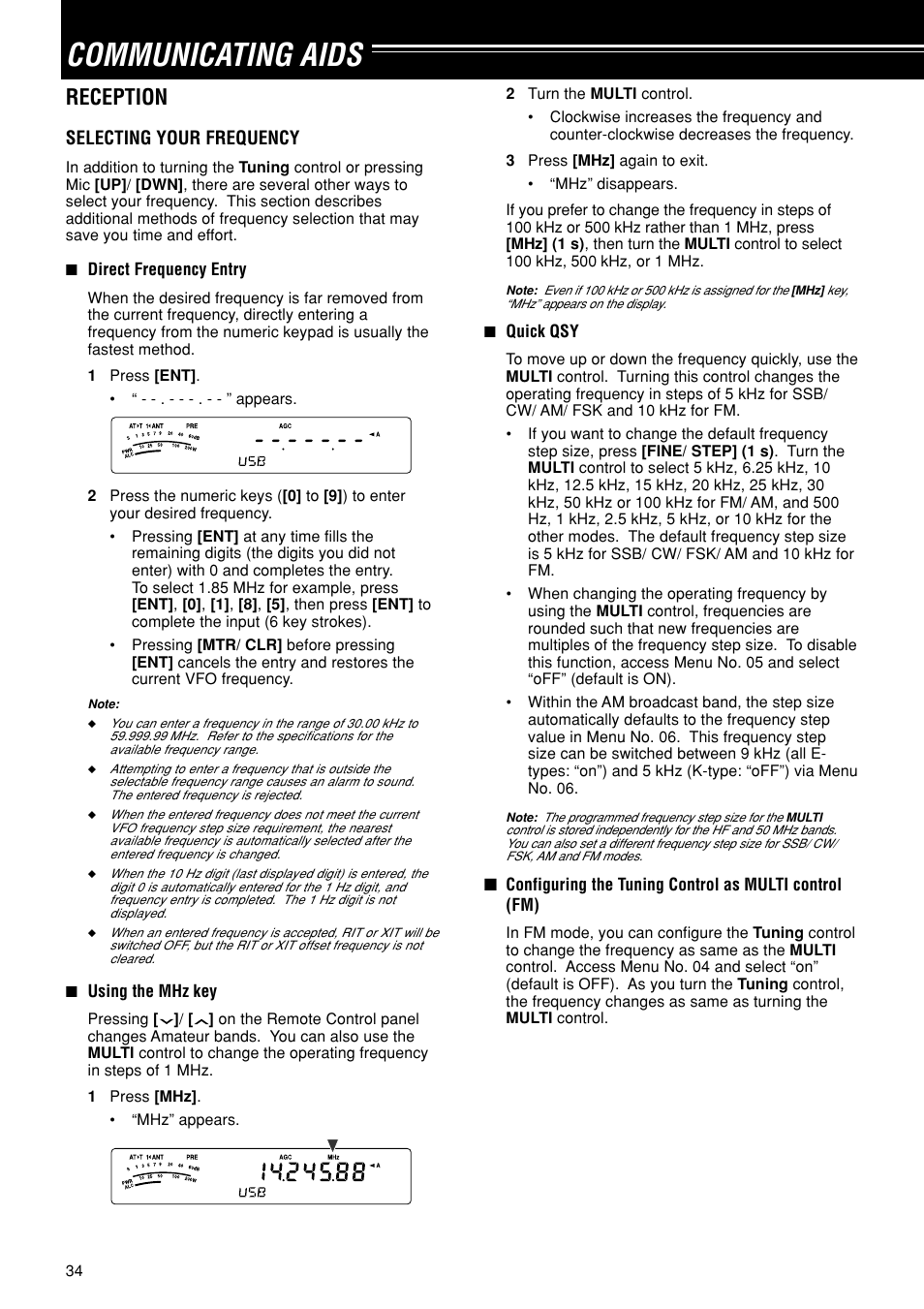 Communicating aids, Reception, Selecting your frequency | Kenwood TS-480SAT User Manual | Page 42 / 104