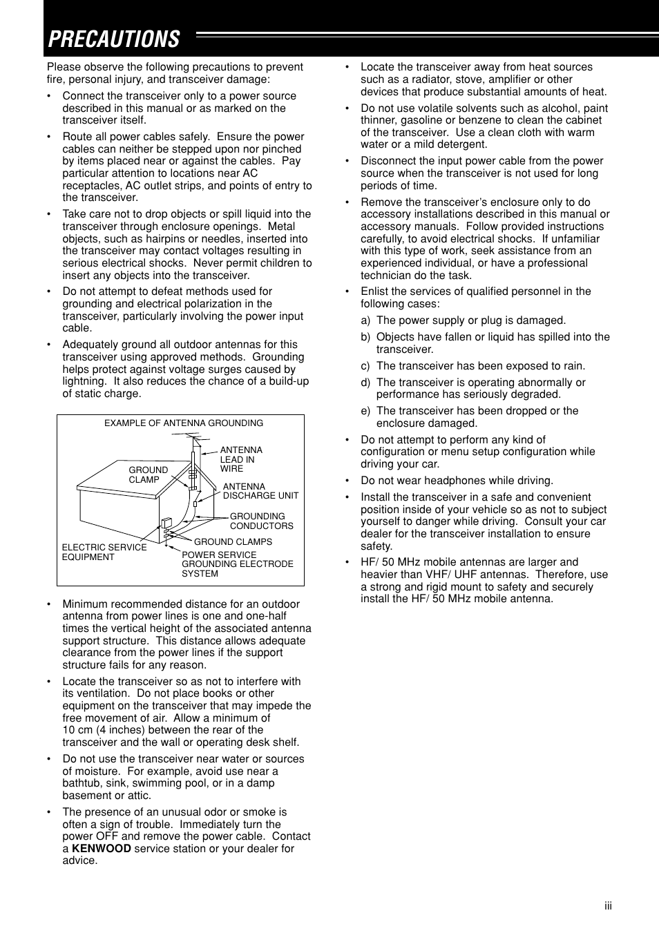 Precautions | Kenwood TS-480SAT User Manual | Page 5 / 104