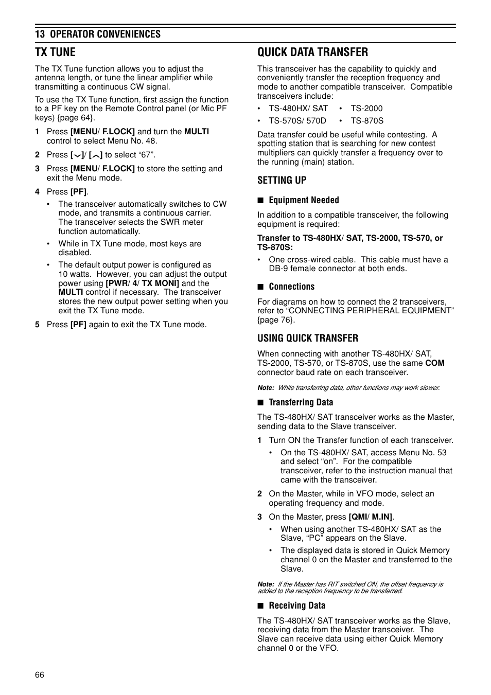 Tx tune, Quick data transfer | Kenwood TS-480SAT User Manual | Page 74 / 104