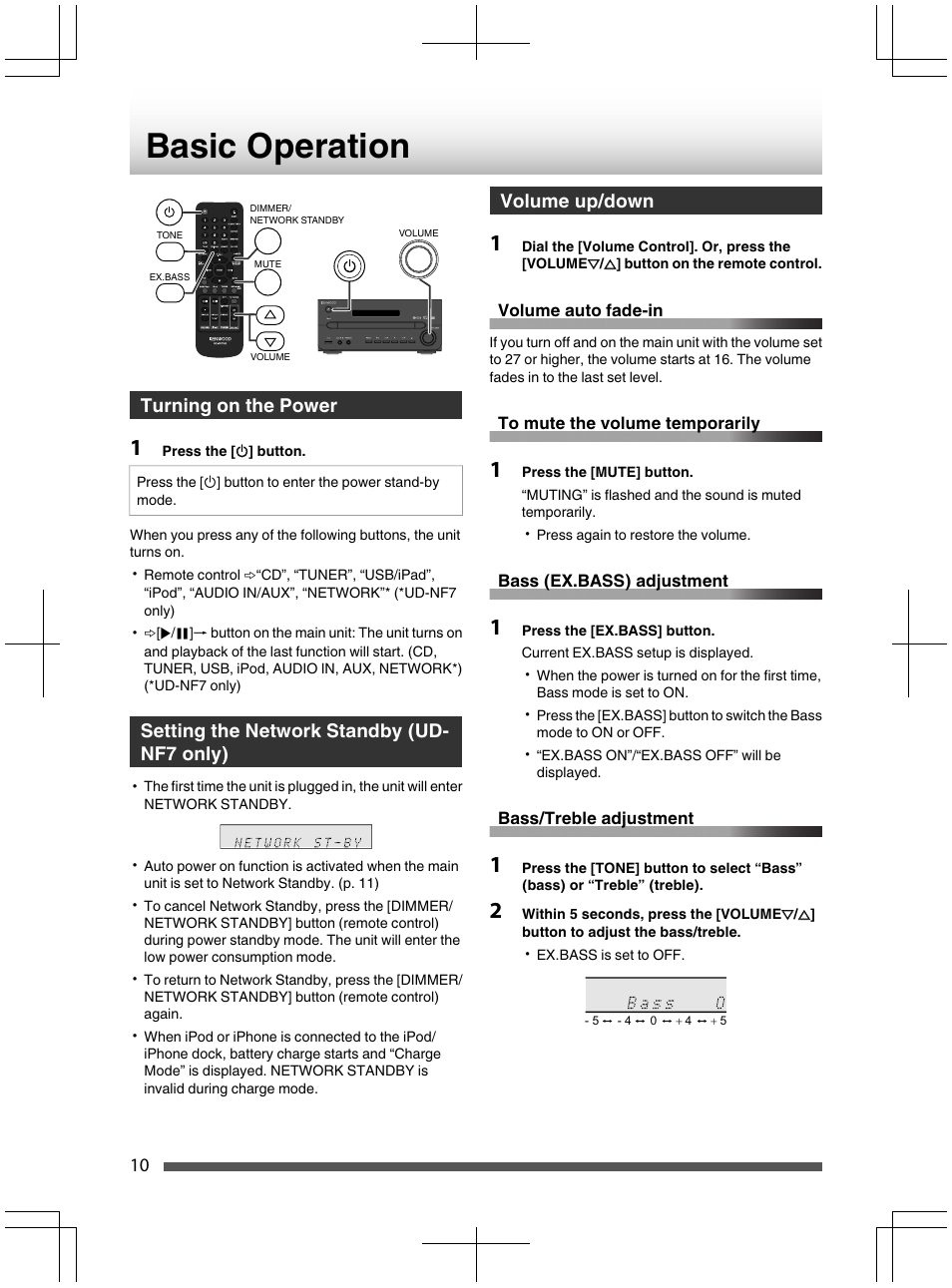 Turning on the power, 1 press the [o] button, Setting the network standby (ud- nf7 oniy) | Volume up/down, 1 press the [mute] button, 1 press the [ex.bass] button, Settingthe networkstandby (ud-nf7 oniy), Voiume up/down | Kenwood UD-NF7 User Manual | Page 10 / 48