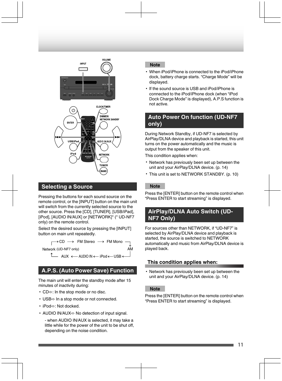 Note, Auto power on function (ud-nf7 only), Selecting a source | A.p.s. (auto power save) function, Airpiay/dlna auto switch (ud- nf7 oniy), Seiecting a source, A.p.s. (auto powersave) function, Auto power on function (ud-nf7 oniy), Airpiay/dlnaautoswitch (ud-nf7 oniy) | Kenwood UD-NF7 User Manual | Page 11 / 48