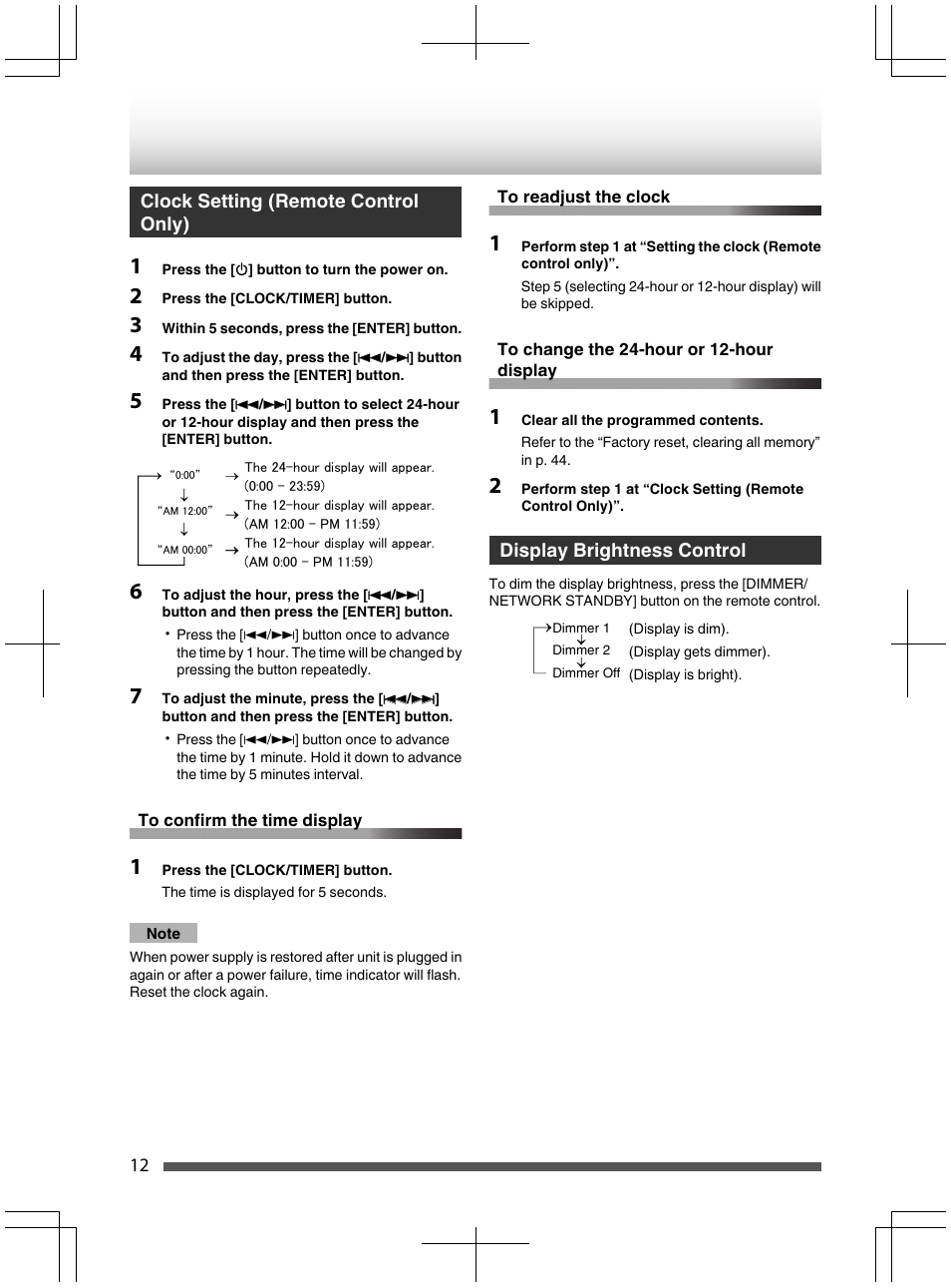 Clock setting (remote control only), To readjustthe clock, To change the 24-hour or 12-hour display | Display brightness control, To confirm the time display, Ciock setting (remote controi oniy), Dispiay brightness controi | Kenwood UD-NF7 User Manual | Page 12 / 48