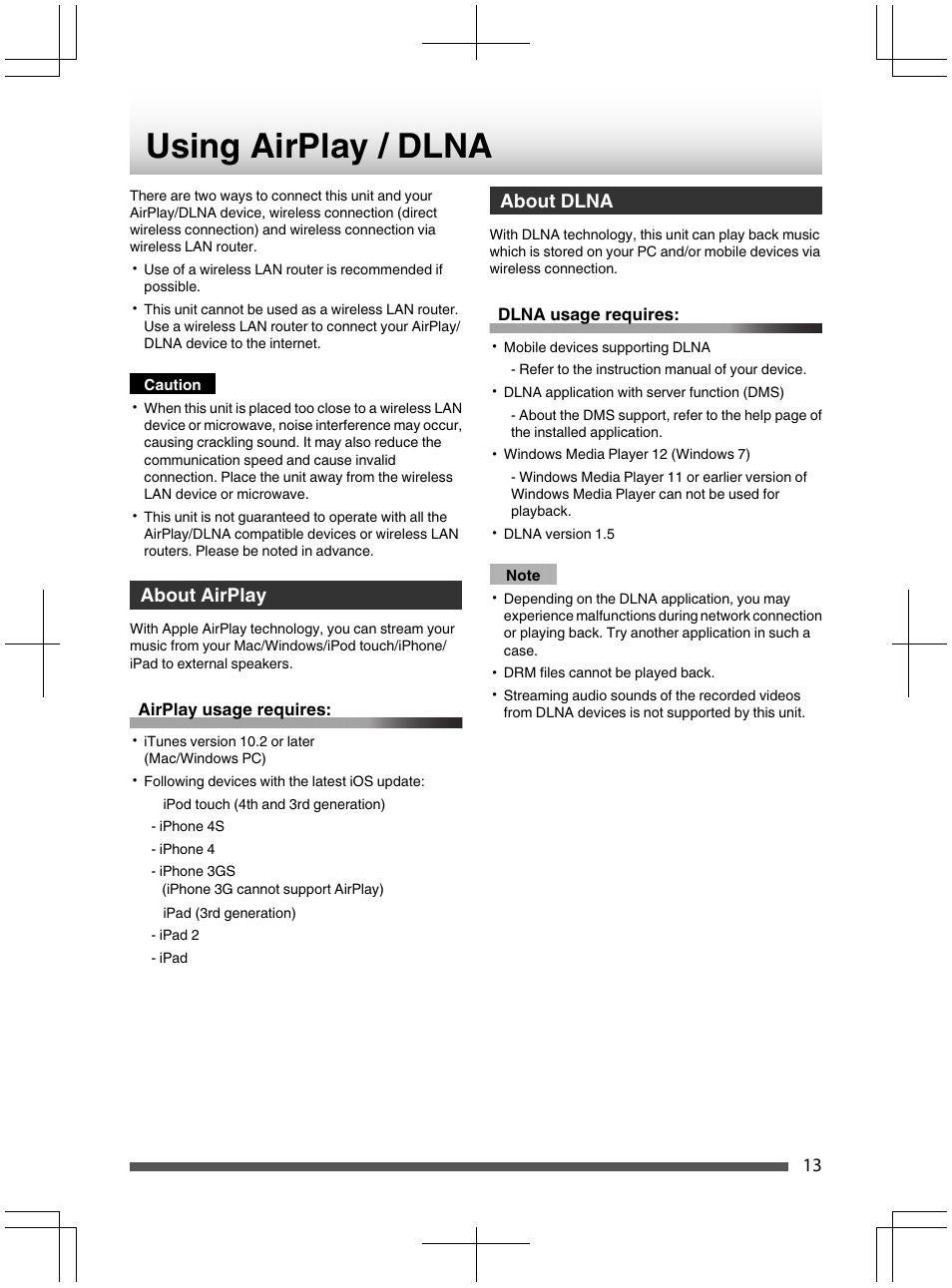 Caution, Airpiay usage requires, Dlna usage requires | Note, About airplay, About dlna | Kenwood UD-NF7 User Manual | Page 13 / 48