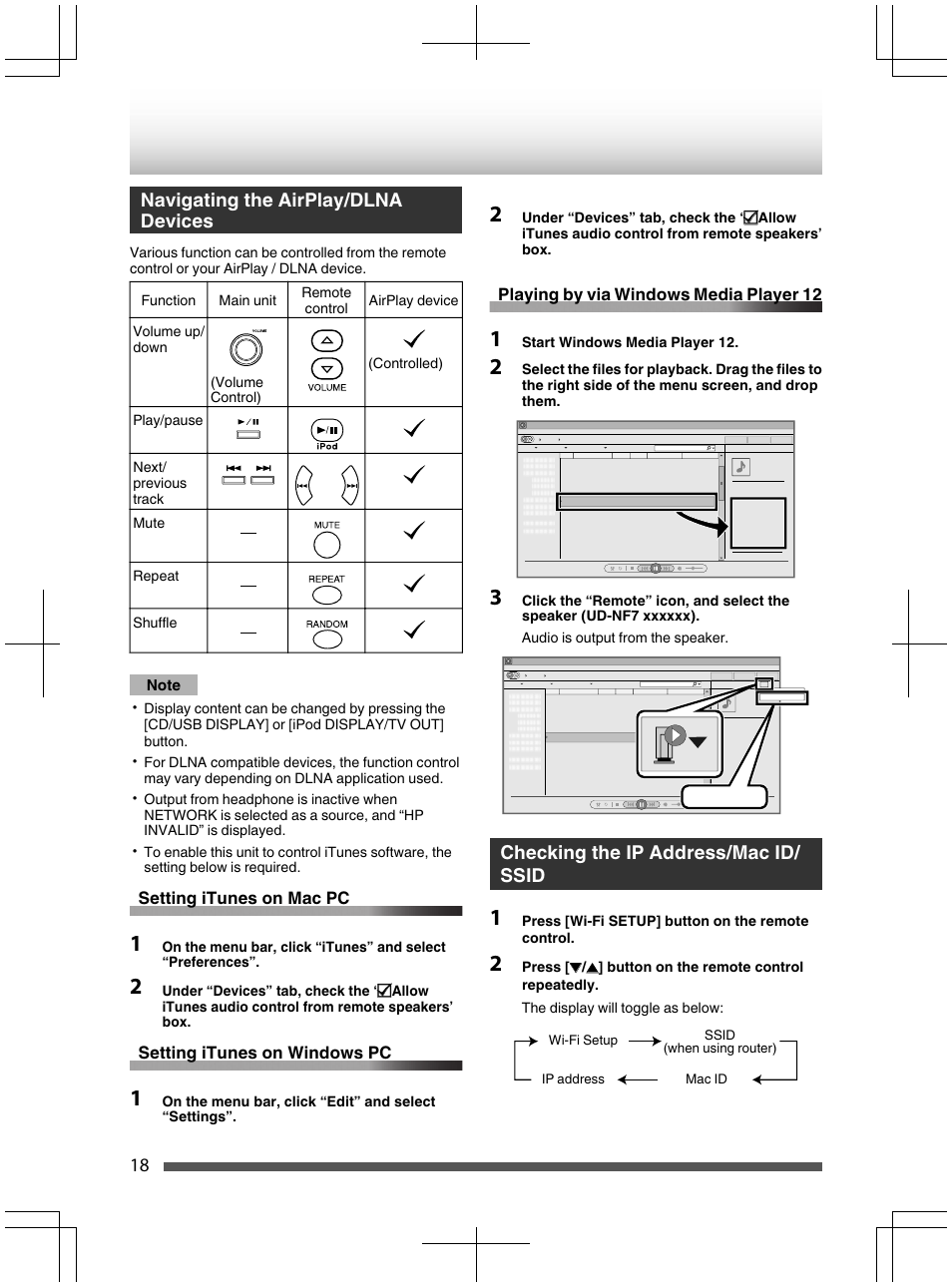 Navigating the airpiay/dlna devices, Setting itunes on mac pc, Setting itunes on windows | Playing by via windows media_pla^er^j2, Checking the ip address/mac id/ ssid, Navigating the airplay/dlna devices, Checking the ip address/mac id/ssid | Kenwood UD-NF7 User Manual | Page 18 / 48