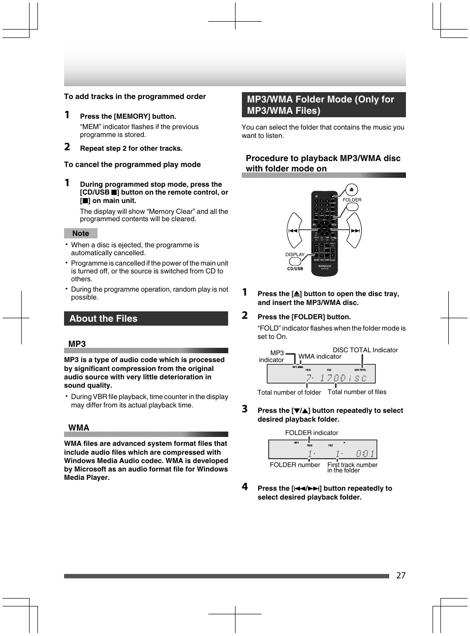 Mp3/wma folder mode (only for mp3/wma files), About the files, Aboutthe files | Mp3/wmafoldermode(onlyformp3/wmafiies) | Kenwood UD-NF7 User Manual | Page 27 / 48
