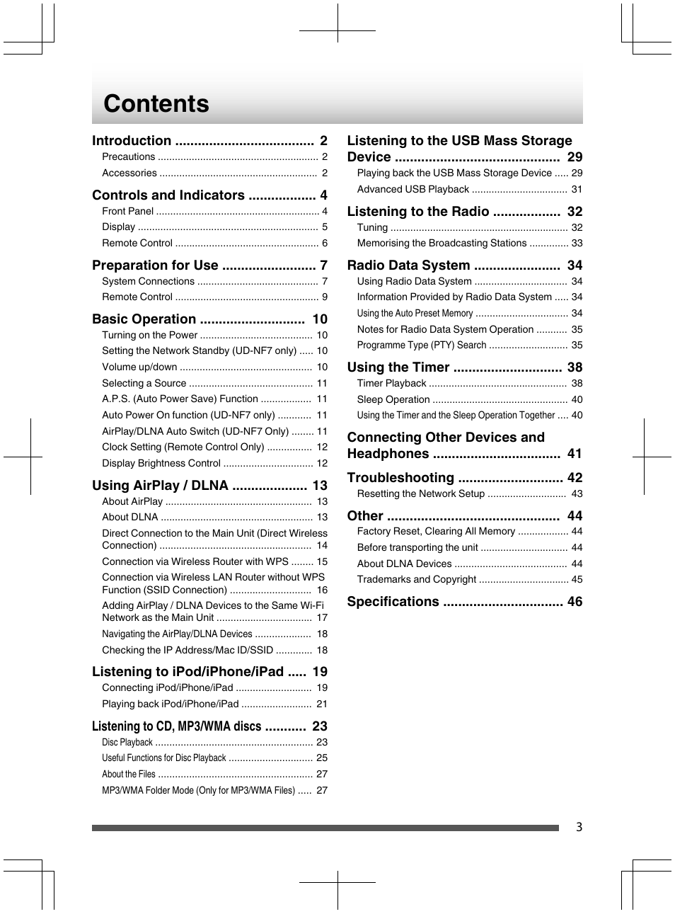 Introduction, Controls and indicators, Preparation for use | Basic operation, Using airplay/dlna, Listening to ipod/iphone/ipad, Listening to cd, mp3/wma discs. 23, Listening to the usb mass storage device, Listening to the radio, Radio data system | Kenwood UD-NF7 User Manual | Page 3 / 48